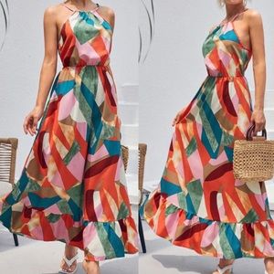 Boho patchwork print ruffle hem halter dress